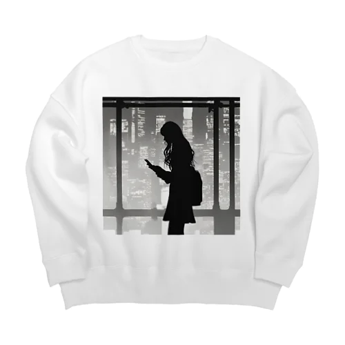 スマホを操作するエモーショナルな雰囲気の女性 Big Crew Neck Sweatshirt