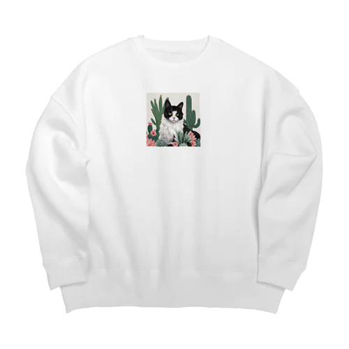 ハチワレ白黒猫とサボテン Big Crew Neck Sweatshirt