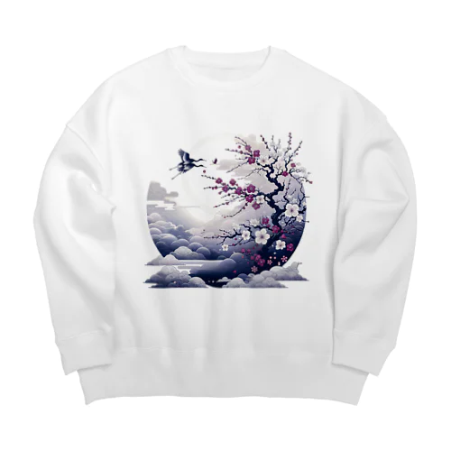 白背景の和風夜景 - 月と梅と鶴 Big Crew Neck Sweatshirt