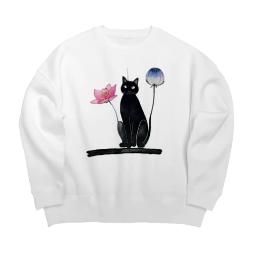 黒猫と花 Big Crew Neck Sweatshirt