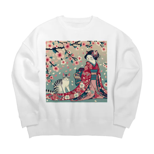 和風cat 見返り桜 Big Crew Neck Sweatshirt