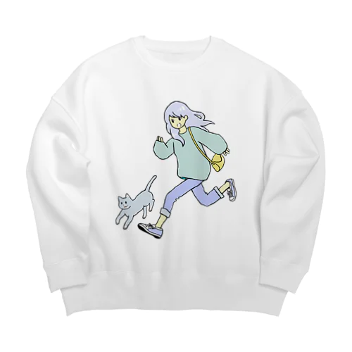 女の子と猫走る Big Crew Neck Sweatshirt