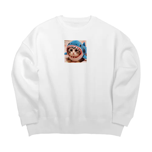 鮫の着ぐるみを着た猫 Big Crew Neck Sweatshirt