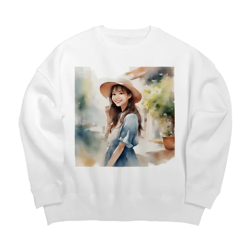 麦わら帽子の女の子 Big Crew Neck Sweatshirt