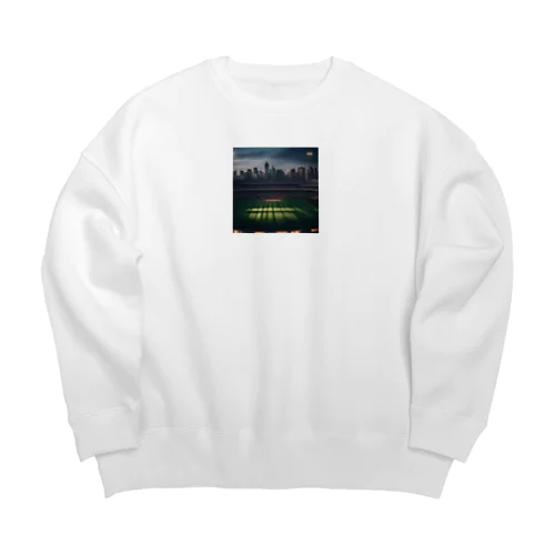 空にそびえる高層ビルとスポーツスタジアムの壮大な景色。 Big Crew Neck Sweatshirt