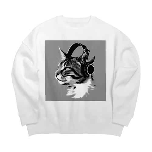 ヘッドホンをした猫 Big Crew Neck Sweatshirt