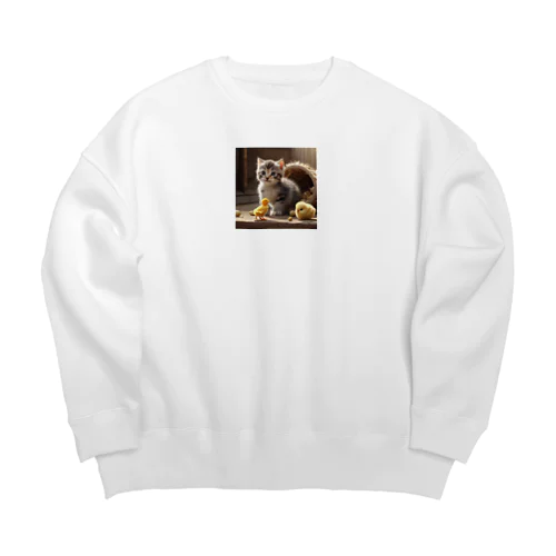 可愛いヒヨコと猫ママ Big Crew Neck Sweatshirt