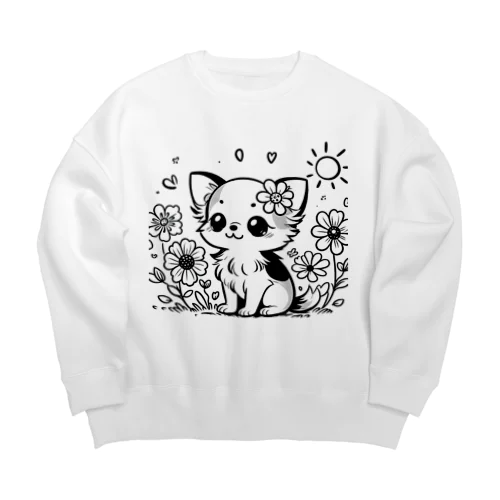 **お花の子犬のチワワ**モノクロ Big Crew Neck Sweatshirt