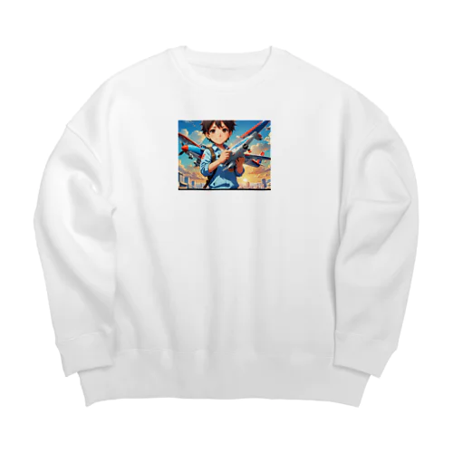 空を駆けるかっこいい飛行機模型を手にした子供 Big Crew Neck Sweatshirt