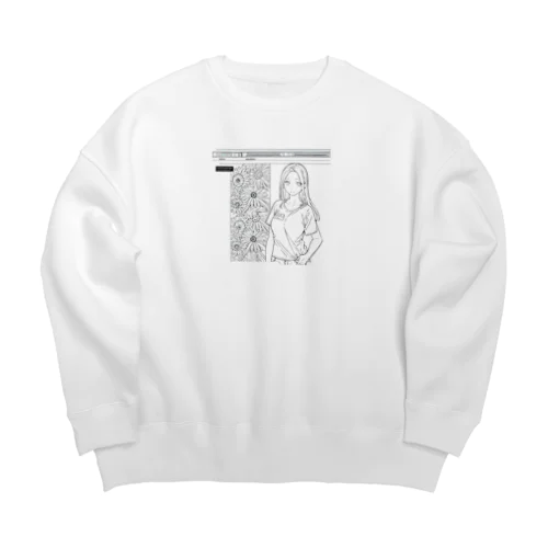 爽やかな女性が描かれた線画 Big Crew Neck Sweatshirt