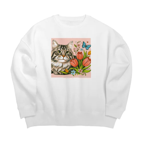 猫とチューリップ Big Crew Neck Sweatshirt