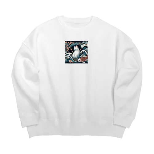 和紋様 x 猫　鯉と桜と波 Big Crew Neck Sweatshirt