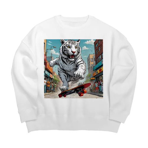 街中を疾走するホワイトタイガー Big Crew Neck Sweatshirt