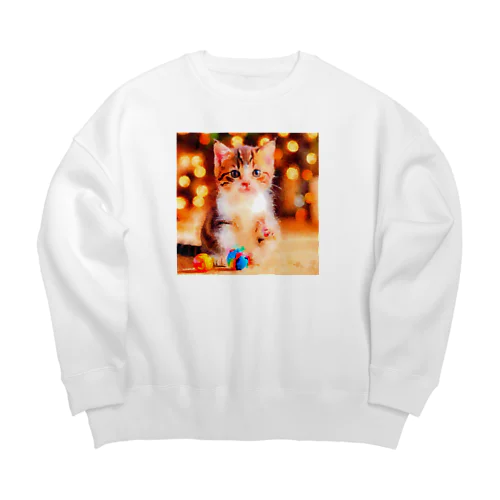 猫の水彩画/キジシロねこのイラスト/おもちゃで遊ぶキジ白ネコ Big Crew Neck Sweatshirt