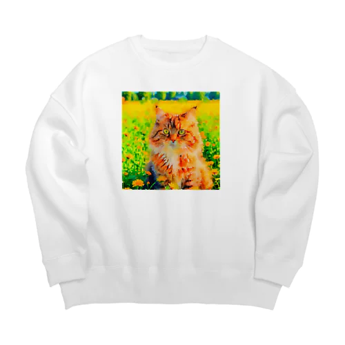 猫の水彩画/花畑のサイベリアンねこのイラスト/キジトラネコ Big Crew Neck Sweatshirt