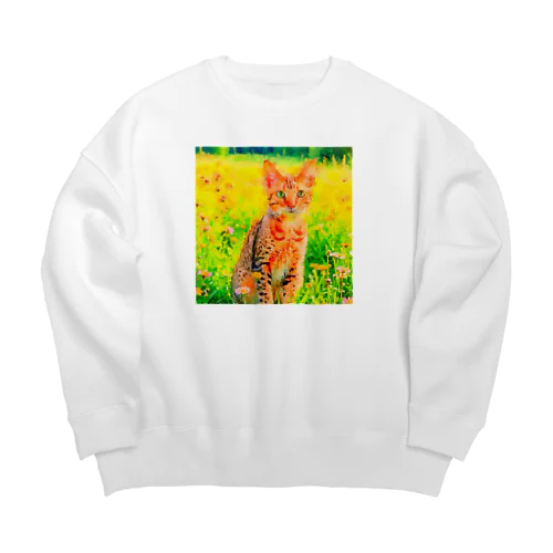 猫の水彩画/花畑のオシキャットねこのイラスト/キジトラネコ Big Crew Neck Sweatshirt