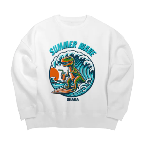 シャカサインしながらサーフィンする恐竜ハワイ Big Crew Neck Sweatshirt