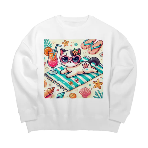 ビーチでリラックスするサングラスキャット Big Crew Neck Sweatshirt