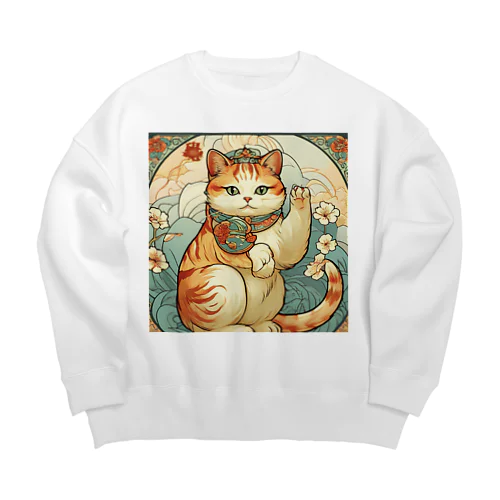 お客様を招く左手招き猫ミュシャ風 Big Crew Neck Sweatshirt