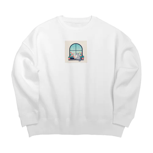 窓の外を眺めるシンプルで可愛い猫 Big Crew Neck Sweatshirt