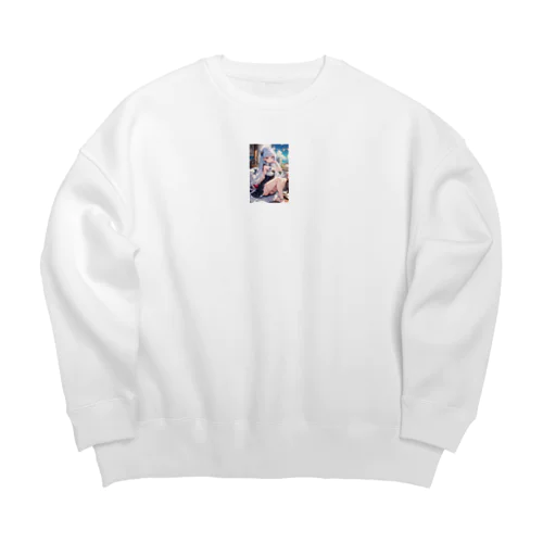 猫耳ロング美女イラスト① Big Crew Neck Sweatshirt