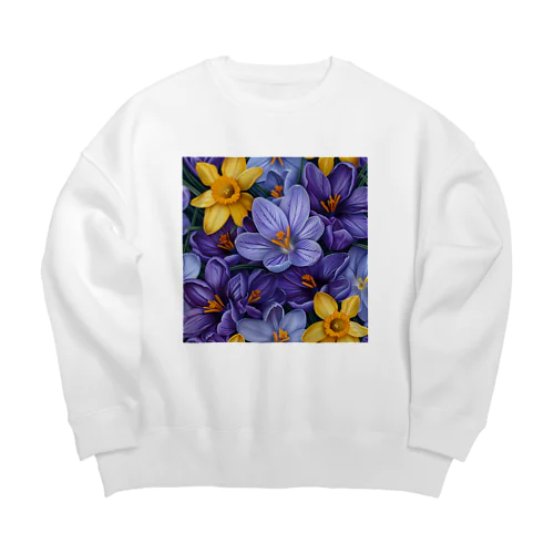 紫色のクロッカスの花　黄色のダッフォディルの花　イラスト Big Crew Neck Sweatshirt