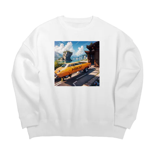 00036-A vintage yellow car with the word NEBOY written on it. The car is parked in front of a wooden building and near a cl Big Crew Neck Sweatshirt