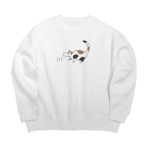 紙コップから頭が抜けず後ずさりする猫 Big Crew Neck Sweatshirt