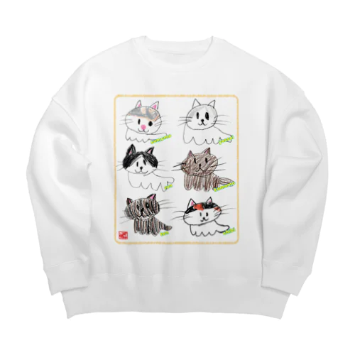 ６匹猫【薄枠印】クレヨンイラストS Big Crew Neck Sweatshirt