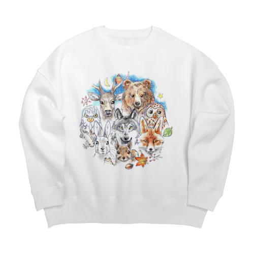 熊・鹿・フクロウ・オオカミ・キツネ・鷹・イモリ・うさぎ・リス・ジョウビタキ Big Crew Neck Sweatshirt