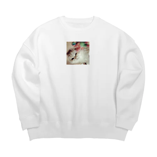 ホワイトキャットとピンクのゾウ Big Crew Neck Sweatshirt