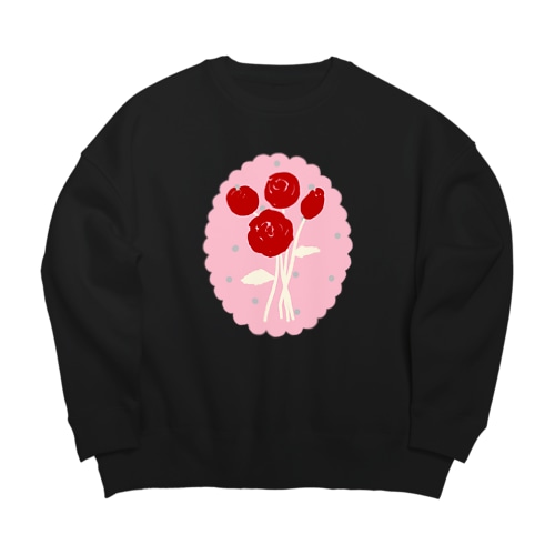 ピンクのフリルのドットの中の赤バラのブーケ Big Crew Neck Sweatshirt