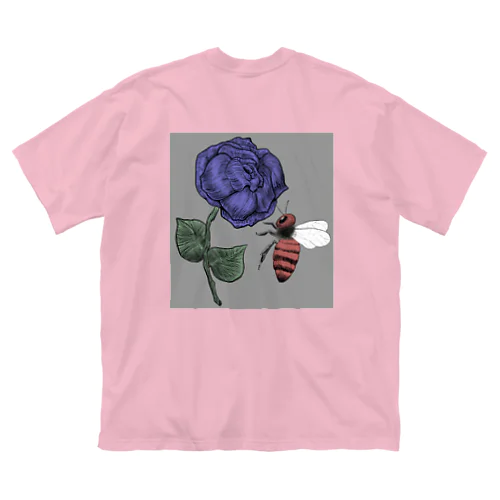 薔薇と蜂　青グレー ビッグシルエットTシャツ