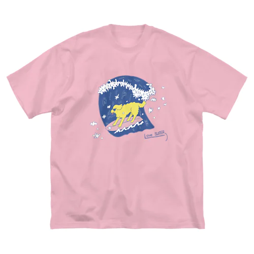 サーフィン　犬　ブルー ビッグシルエットTシャツ