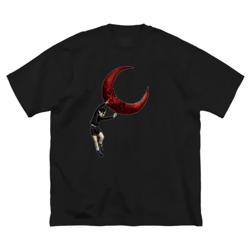 月を投げる黒い少年（白ライン） ビッグシルエットTシャツ