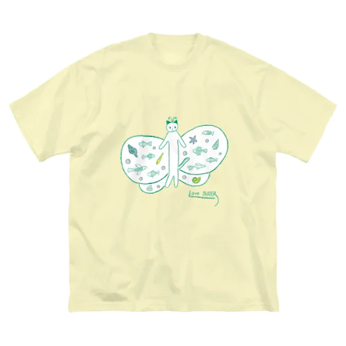 ねこ　ちょうちょ　グリーン ビッグシルエットTシャツ