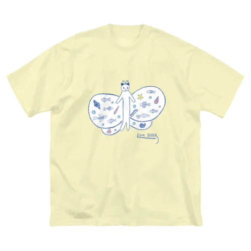 ちょうちょ　ねこ　ブルー ビッグシルエットTシャツ