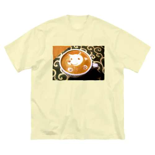 【ラテアート】カフェラテと白犬 ビッグシルエットTシャツ