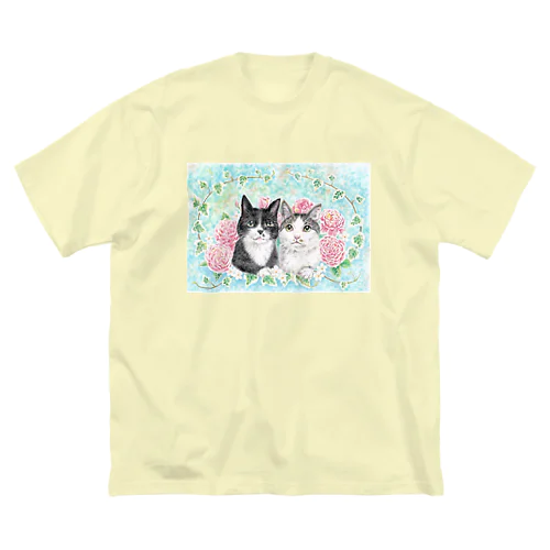 クロとモネ　薔薇をあしらったパステルイラスト ビッグシルエットTシャツ