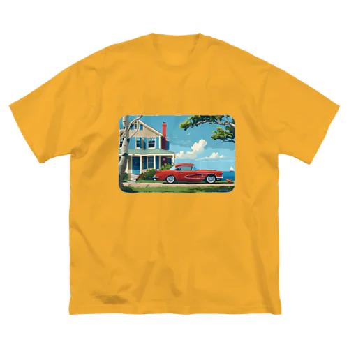 赤いコルベットと海辺の家　－　red corvette and seaside house　－ ビッグシルエットTシャツ