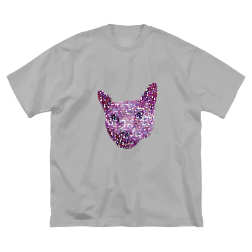 ドット猫フェイス－ビッグシルエットシャツ（紫） 루즈핏 티셔츠