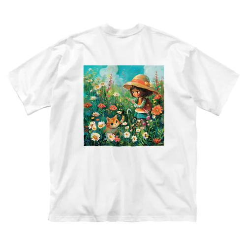 お花畑に囲まれる猫ちゃんと私 アメジスト 2846 ビッグシルエットTシャツ