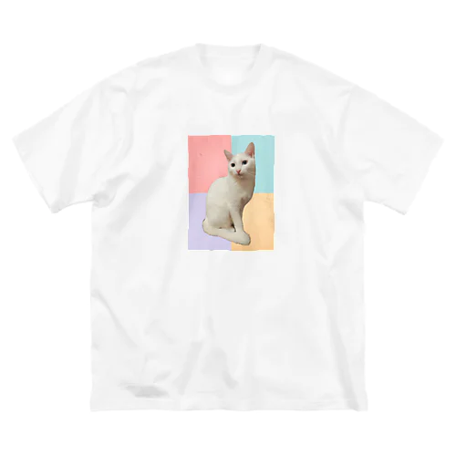 Pastel white cat ビッグシルエットTシャツ