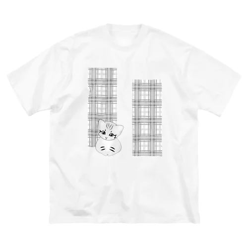 砂漠にいそうな猫さん(チェック柄/モノトーン) ビッグシルエットTシャツ