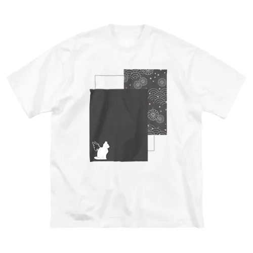 羽ねこさん(和柄/灰色) ビッグシルエットTシャツ