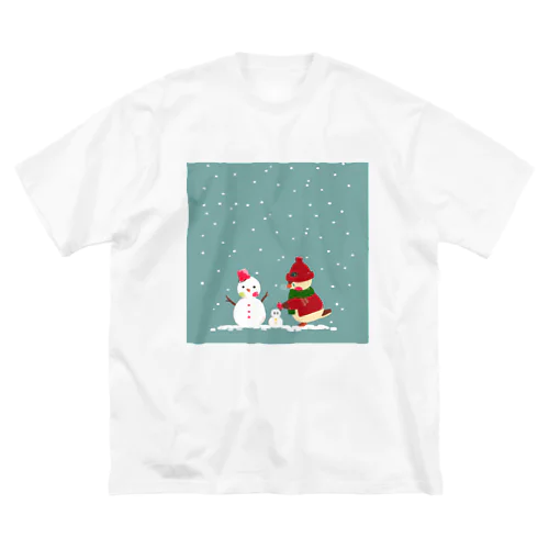 雪だるまと雀 ビッグシルエットTシャツ