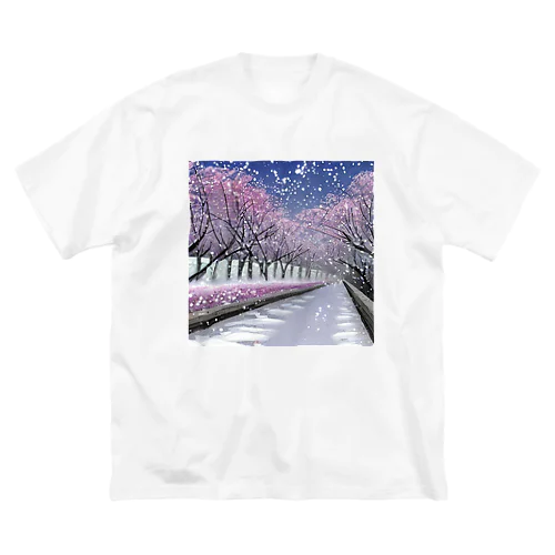 夜の桜並木に雪 ビッグシルエットTシャツ