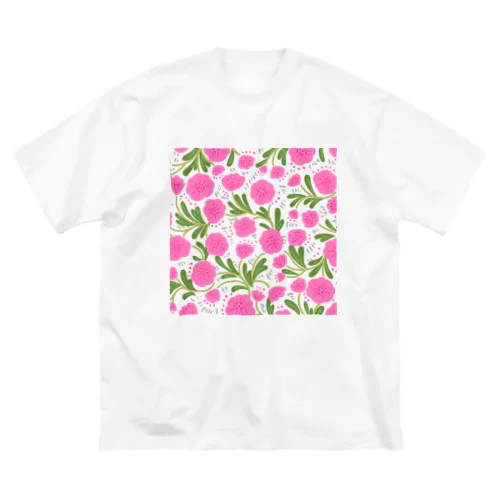 手描きの花柄（ピンク） ビッグシルエットTシャツ