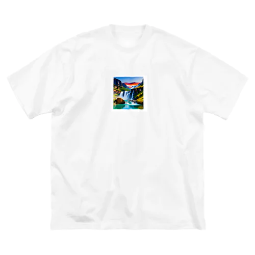 夜明けの滝と山々の美しい自然風景 ビッグシルエットTシャツ