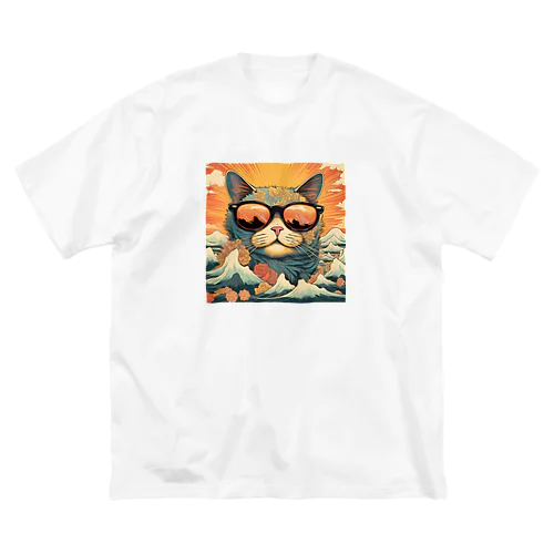 日本絵風サングラス猫 ビッグシルエットTシャツ